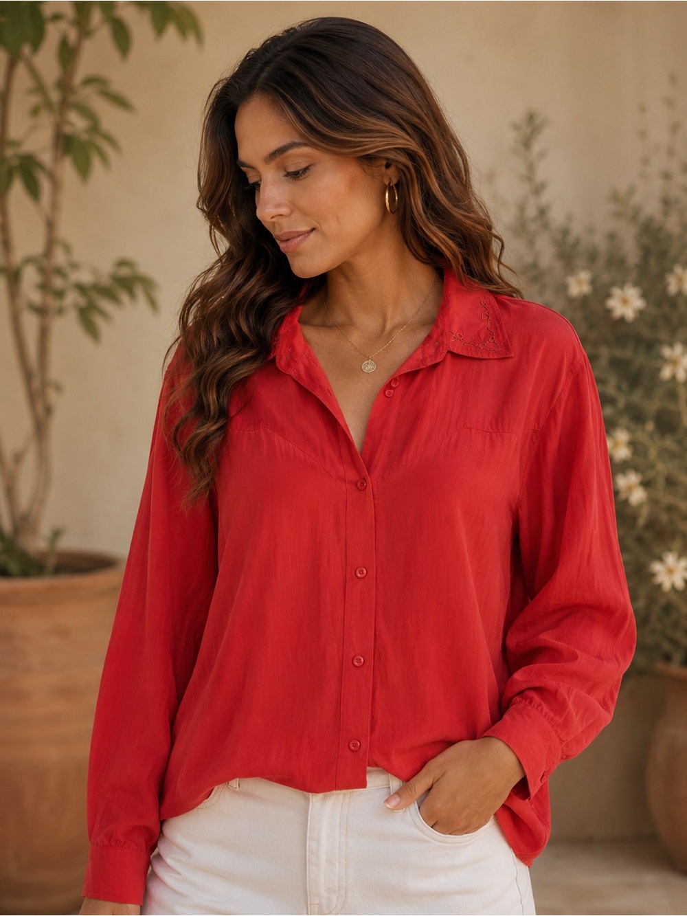 Silver Mesa Vintage 100% Silk Crimson Red Long-Sleeve Button-Down Shirt